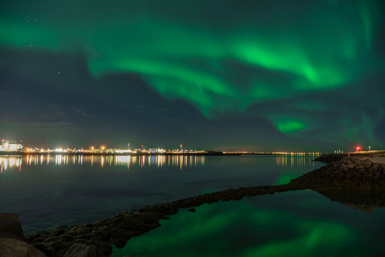 Scenic view of northern lights over Reykjavik