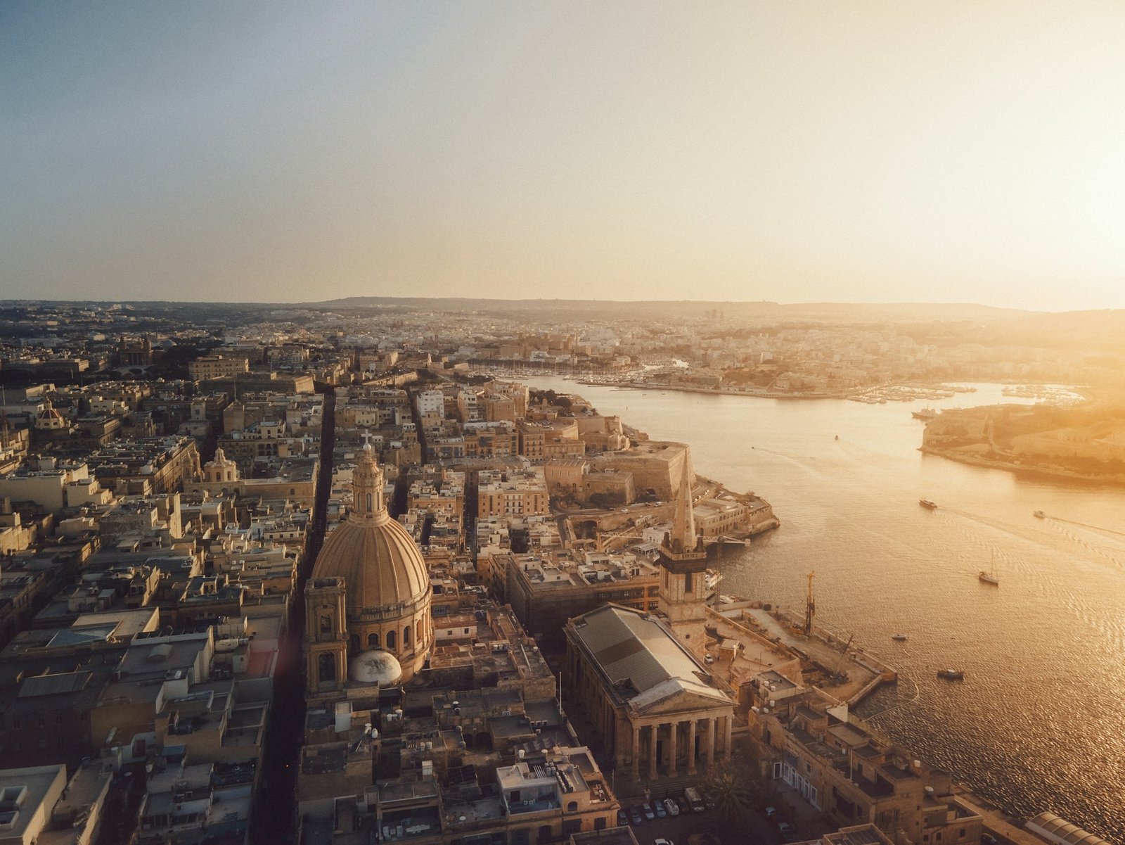 Aerial view of St John’s Cathedral church in Valleta Malta at Sunset