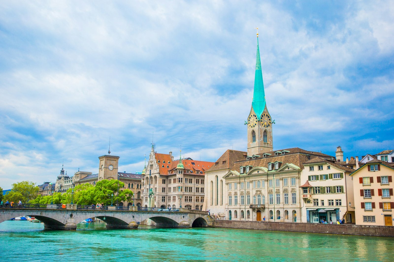 View of the historic city center of Zurich with famous Fraumunster Church and river Limmat